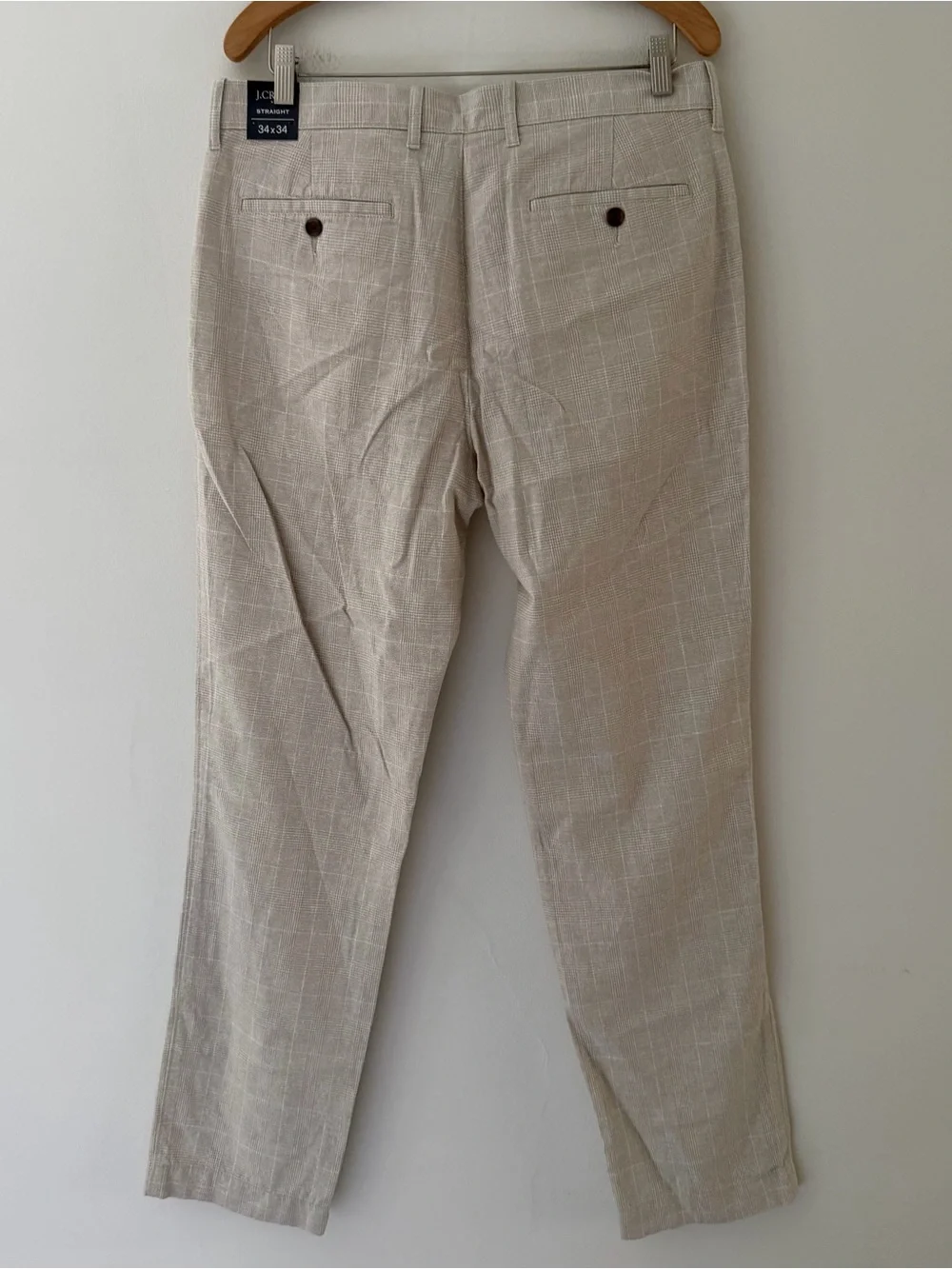 J Crew NWT Linen Blend Pants Tan Cream Straight Leg Glen Plaid Size 34 X 34